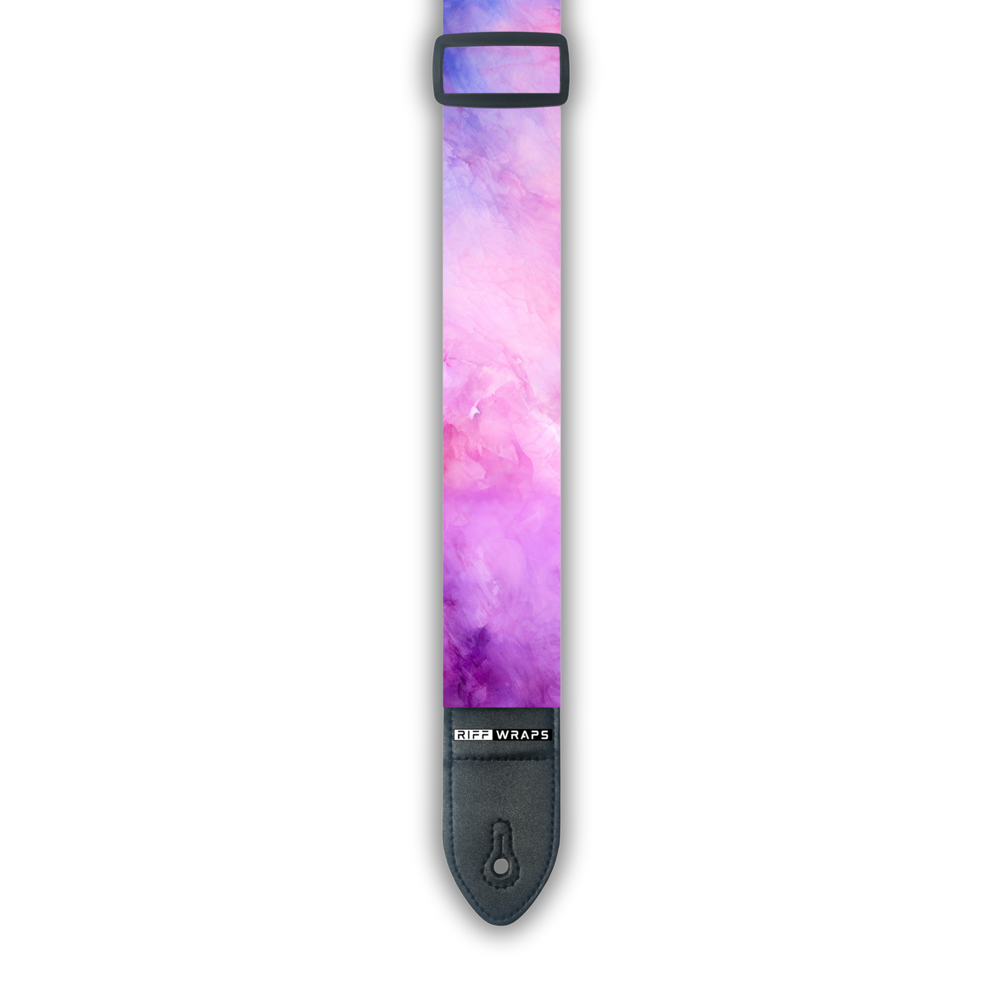 A padded guitar strap with a pink and blue watercolor design, featuring a buckle and strap button.