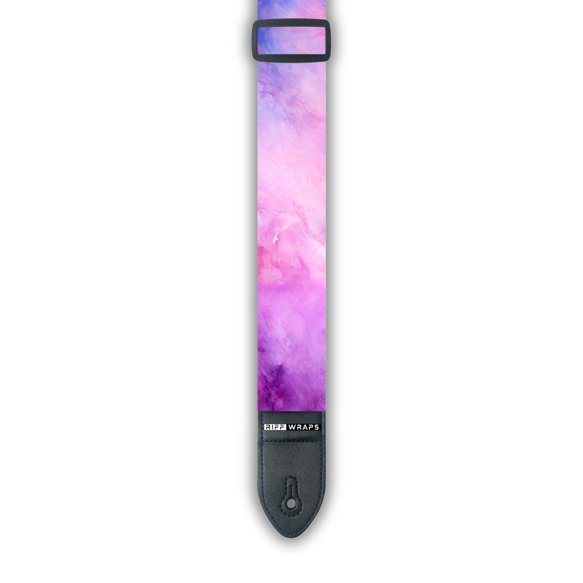 A padded guitar strap with a pink and blue watercolor design, featuring a buckle and strap button.