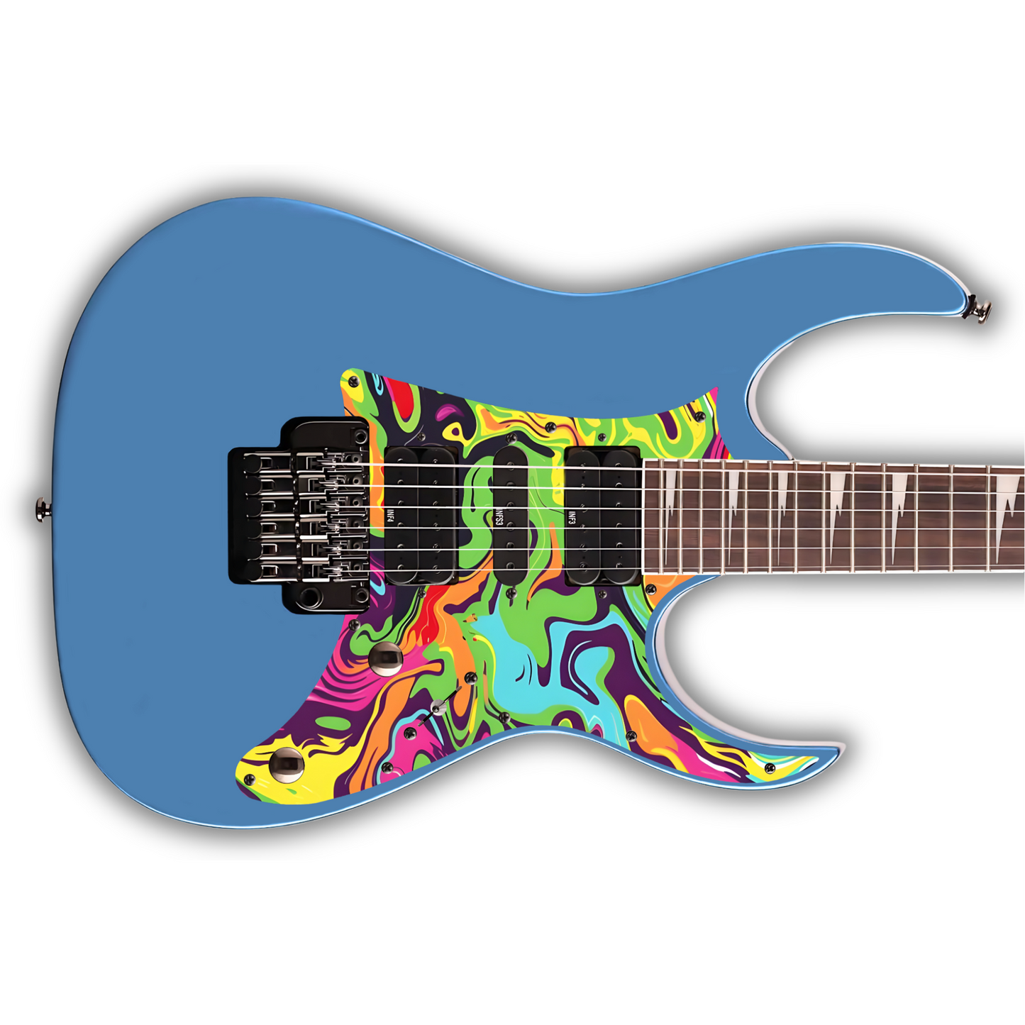 Ibanez RG style electric guitar with a colorful psychedelic pickguard on a blue body against a white background
