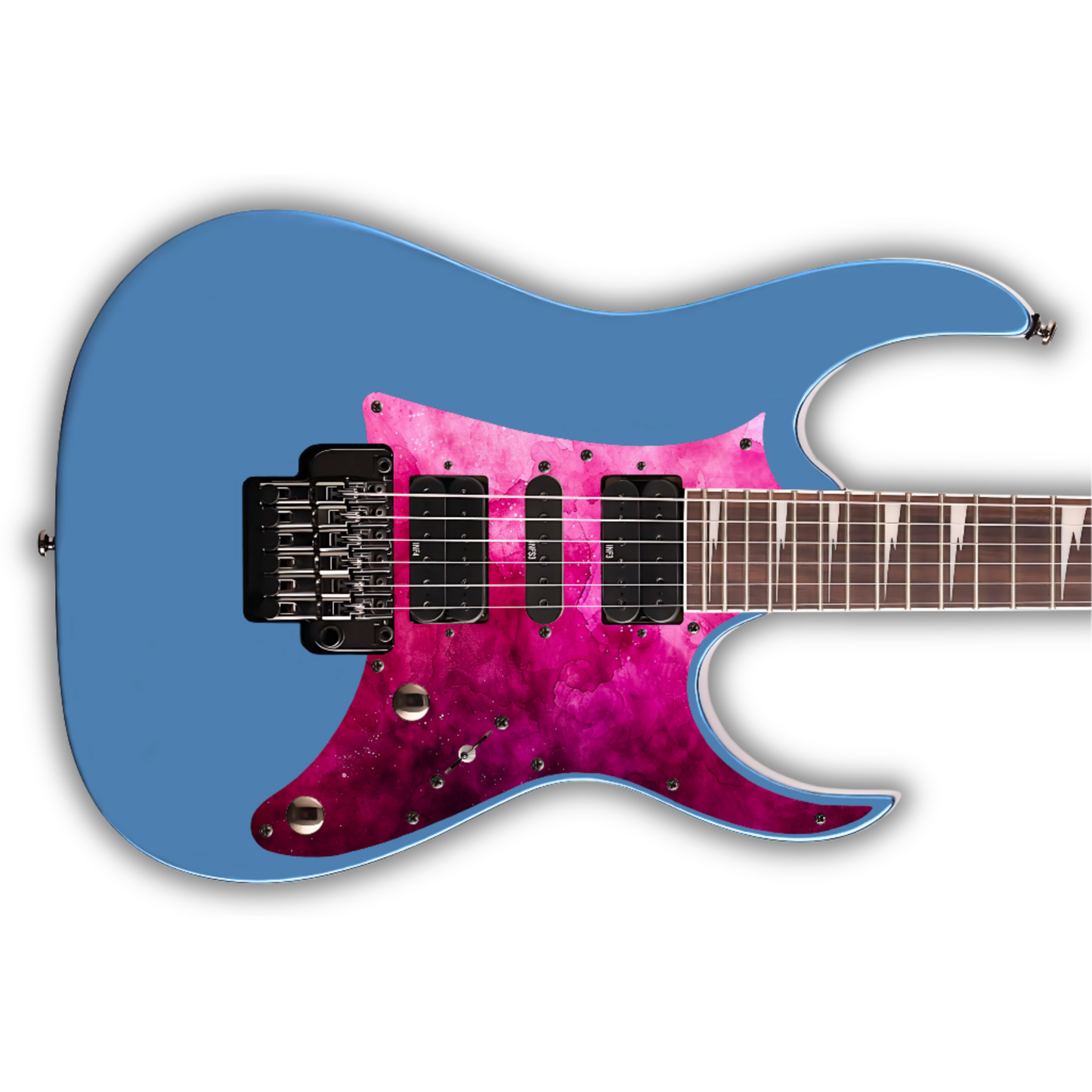 Blue Ibanez RG electric guitar with a pink and purple watercolour pickguard on a white background