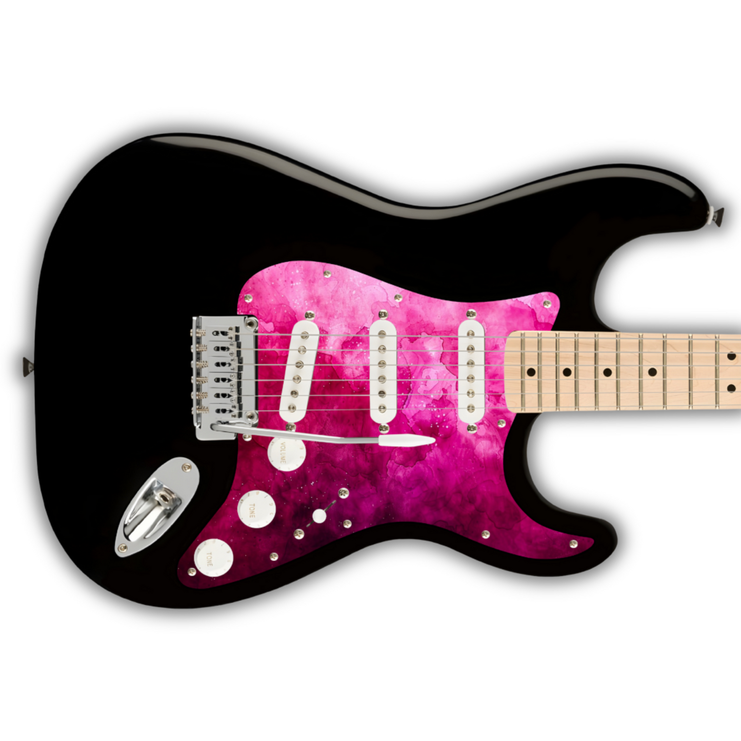 Black stratocaster style electric guitar with a pink and purple watercolour pickguard on a white background